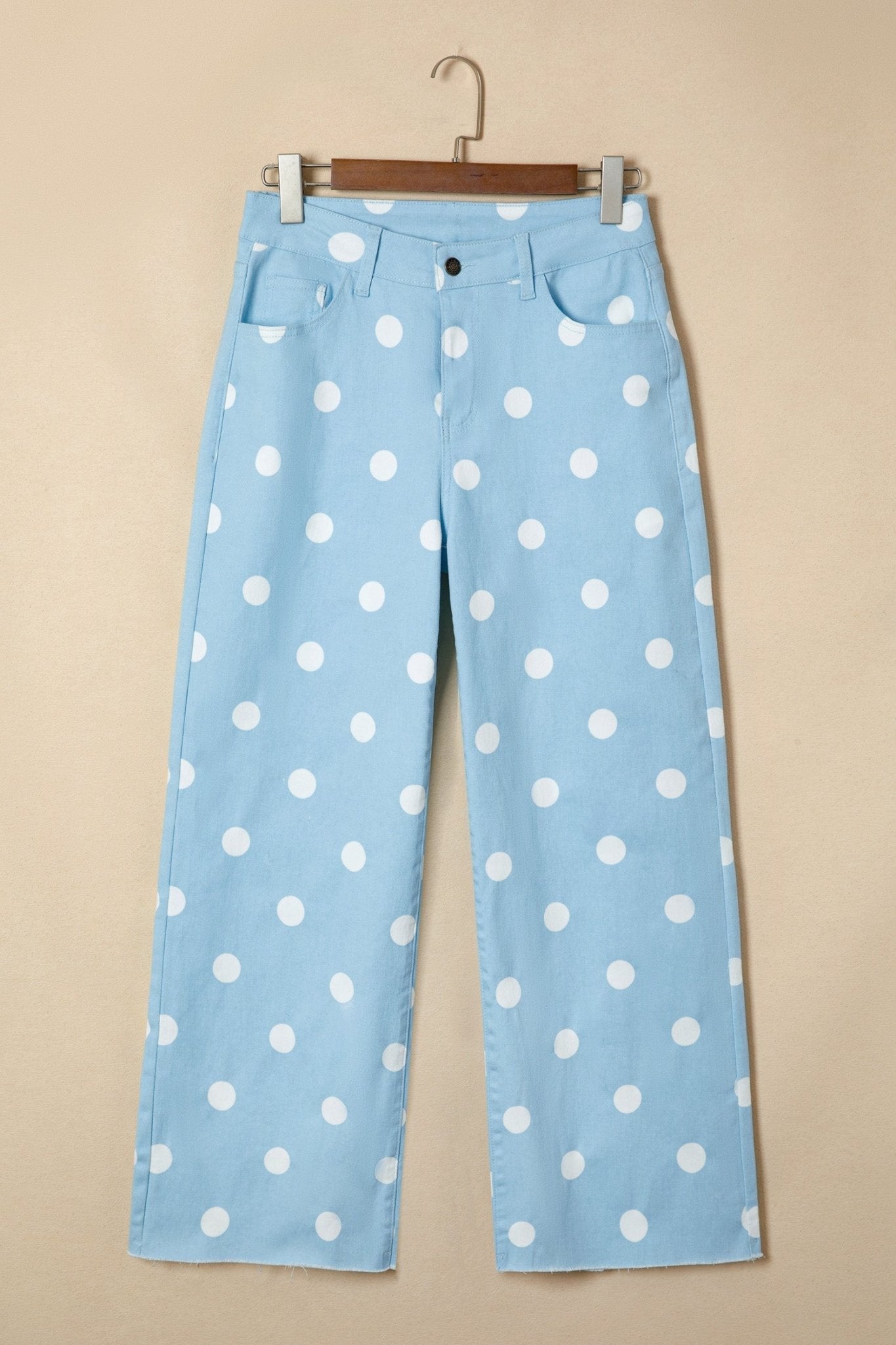 Sky Blue Polka Dot Print Raw Hem Shift Jeans - Loving It Shop