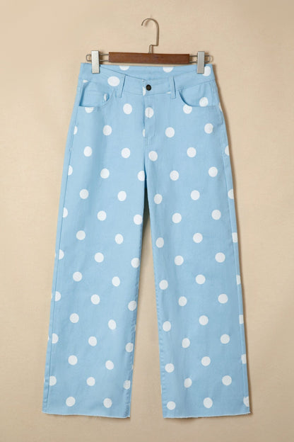Sky Blue Polka Dot Print Raw Hem Shift Jeans - Loving It Shop