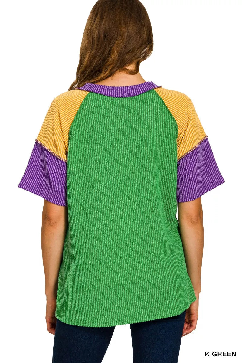 Mardi Gras Raised Rib Color Block Top