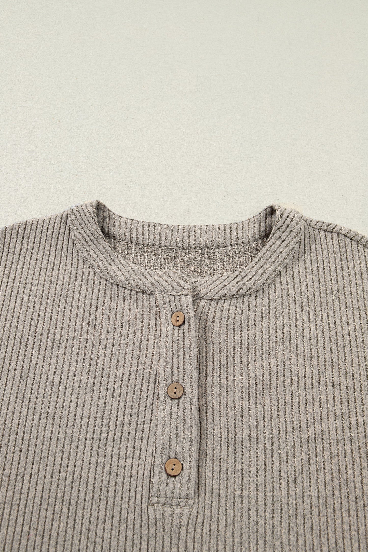 Simply Taupe Plus Size Ribbed Knit Kangaroo Pocket Henley Long Sleeve Top