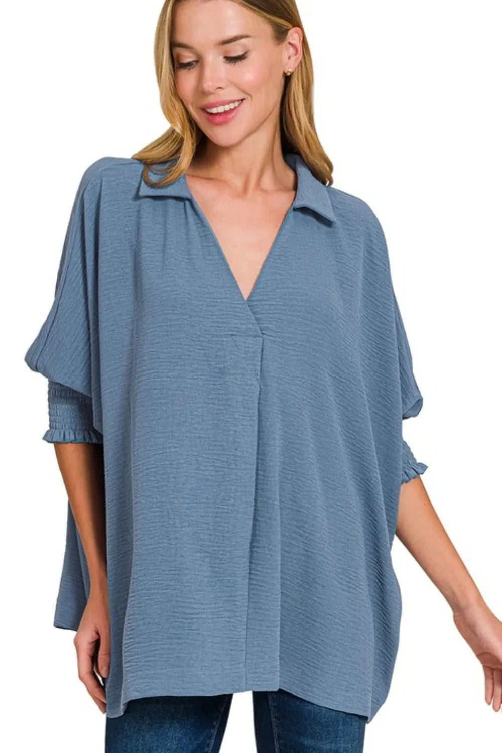 Airflow Collar Tee with Smocked Sleeve Band Top