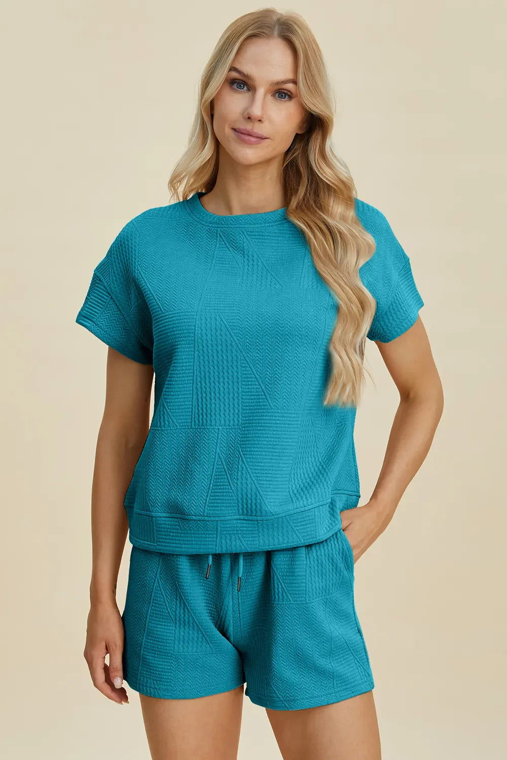 I am a Fashion Junky Full Size Texture Short Sleeve Top and Shorts Set