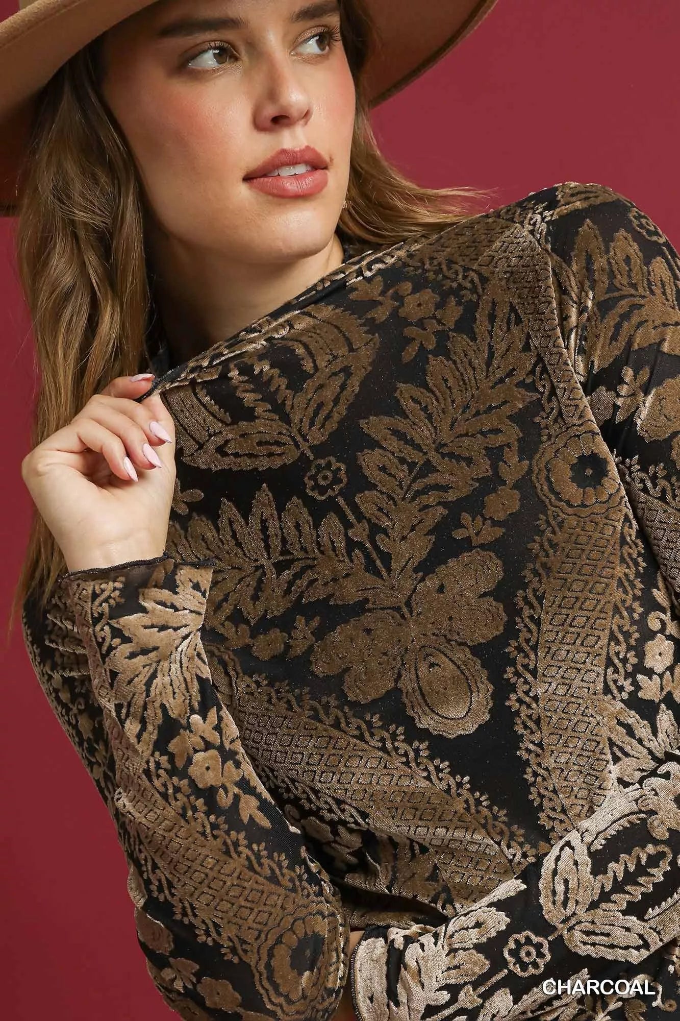 Damask Print Velvet Burnout Top