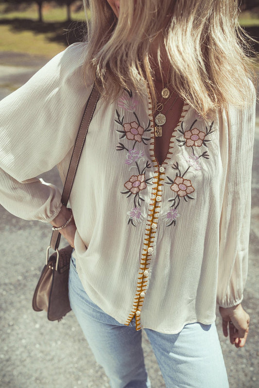 Beige Floral Embroidered Textured Puff Sleeve Loose Shirt - Loving It Shop