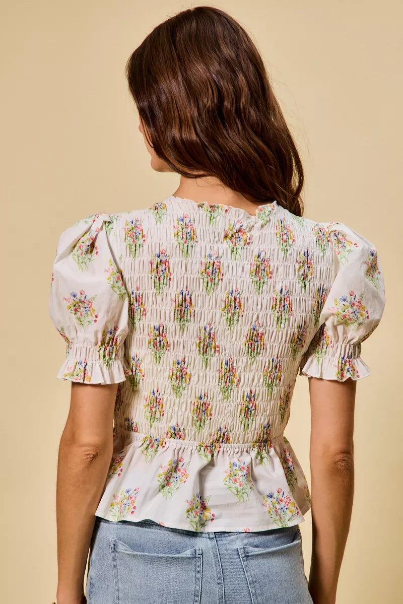 Floral Cotton Smocked Short Sleeves Blouse