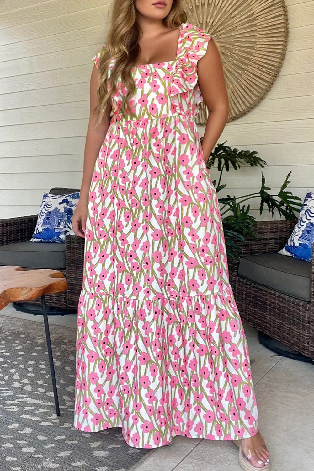 Pink Plus Size Ruffle Trim Square Neck High Waist Floral Maxi Dress - Loving It Shop