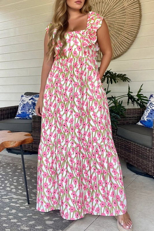 Pink Plus Size Ruffle Trim Square Neck High Waist Floral Maxi Dress - Loving It Shop