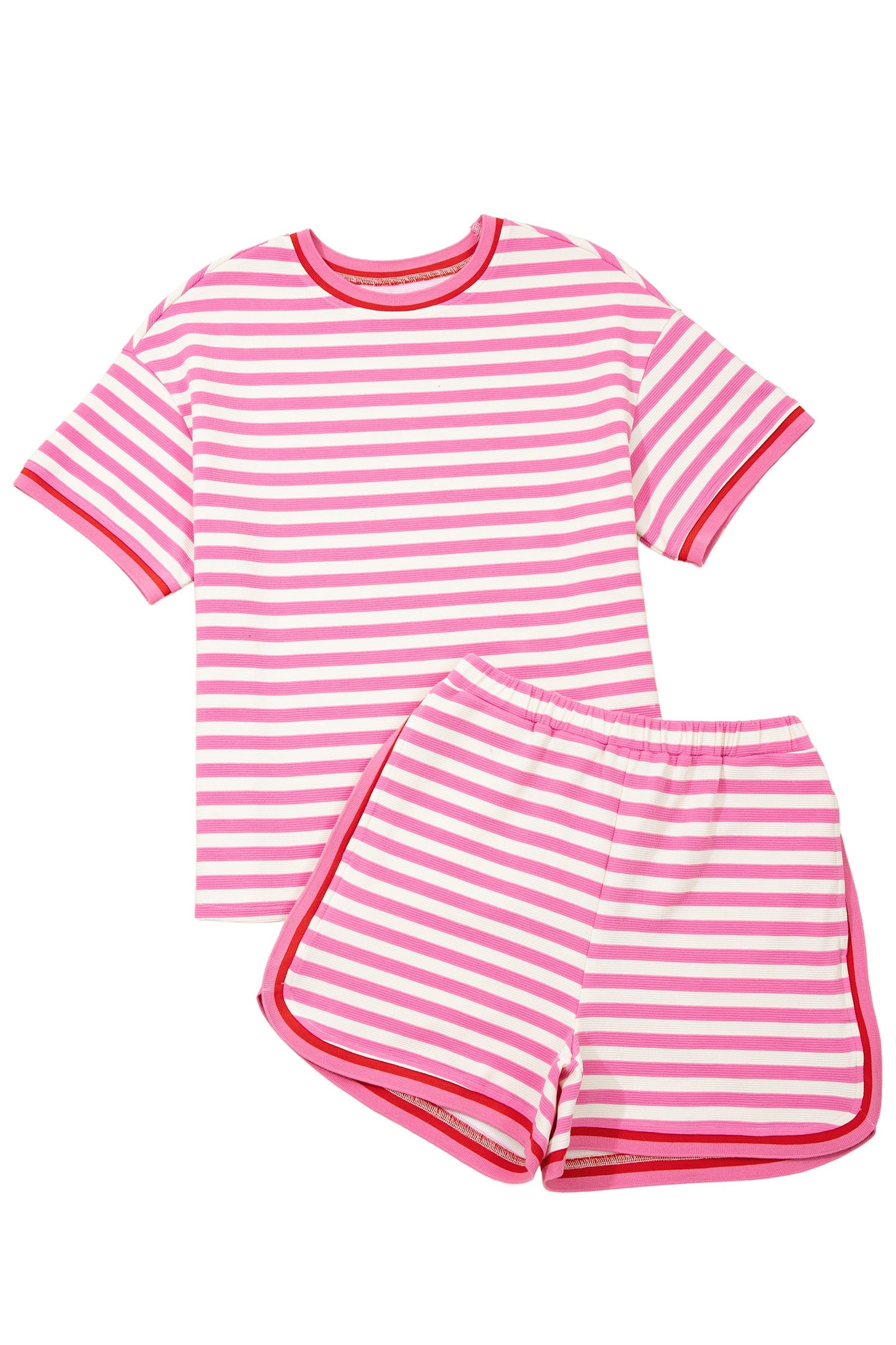 Pink Stripe Contrast Trim Short Sleeve Top Loose Shorts 2pcs Casual Outfit