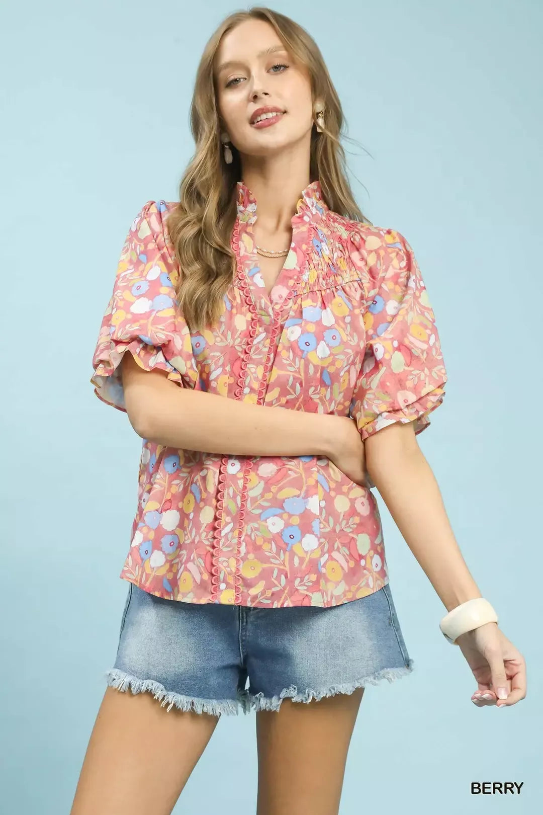 Umgee Smocked Floral Ruffle Trim Top