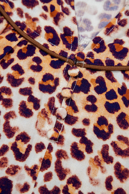 Brown Plus Size Leopard Frilled Stand Neck Blouse