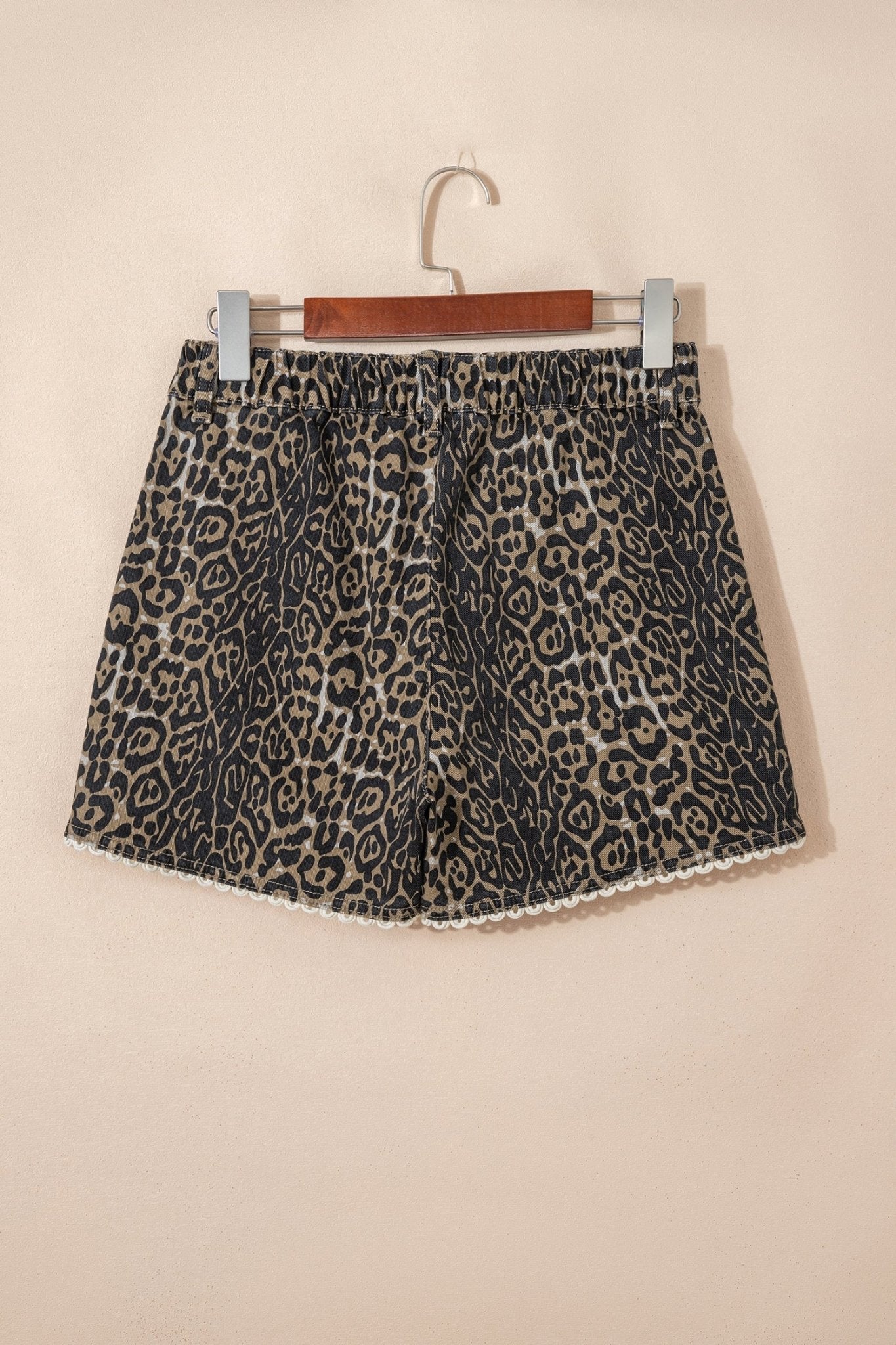 Khaki Contrast Scalloped Lace Trim Leopard Denim Shorts - Loving It Shop