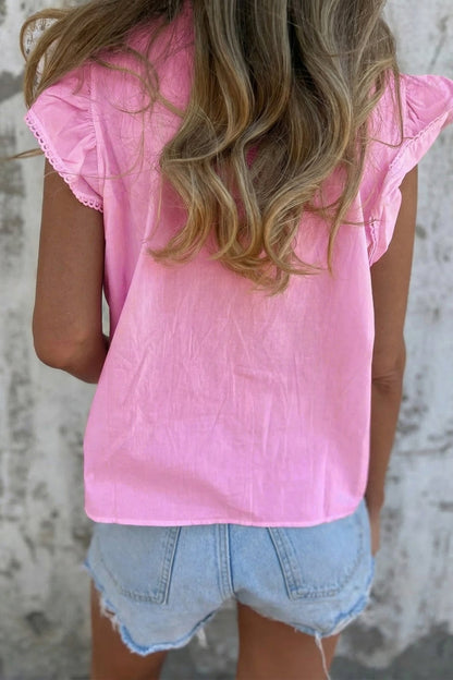 Bonbon Lace Detail Flutter Sleeve Pleated Round Neck Blouse - Loving It Shop