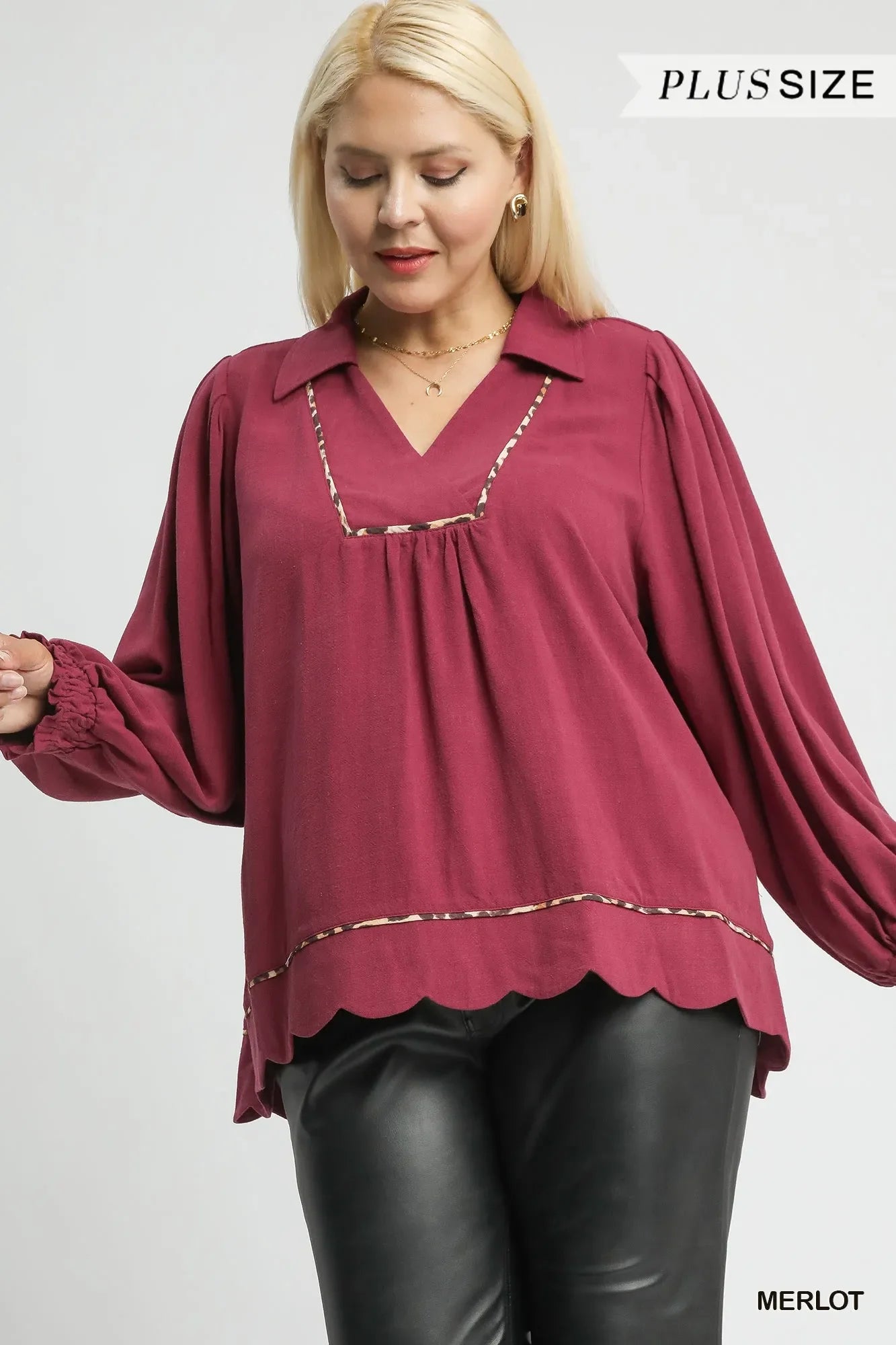 Full Size Linen Scallop Hem Blouse with Contrast Trim Plus Size