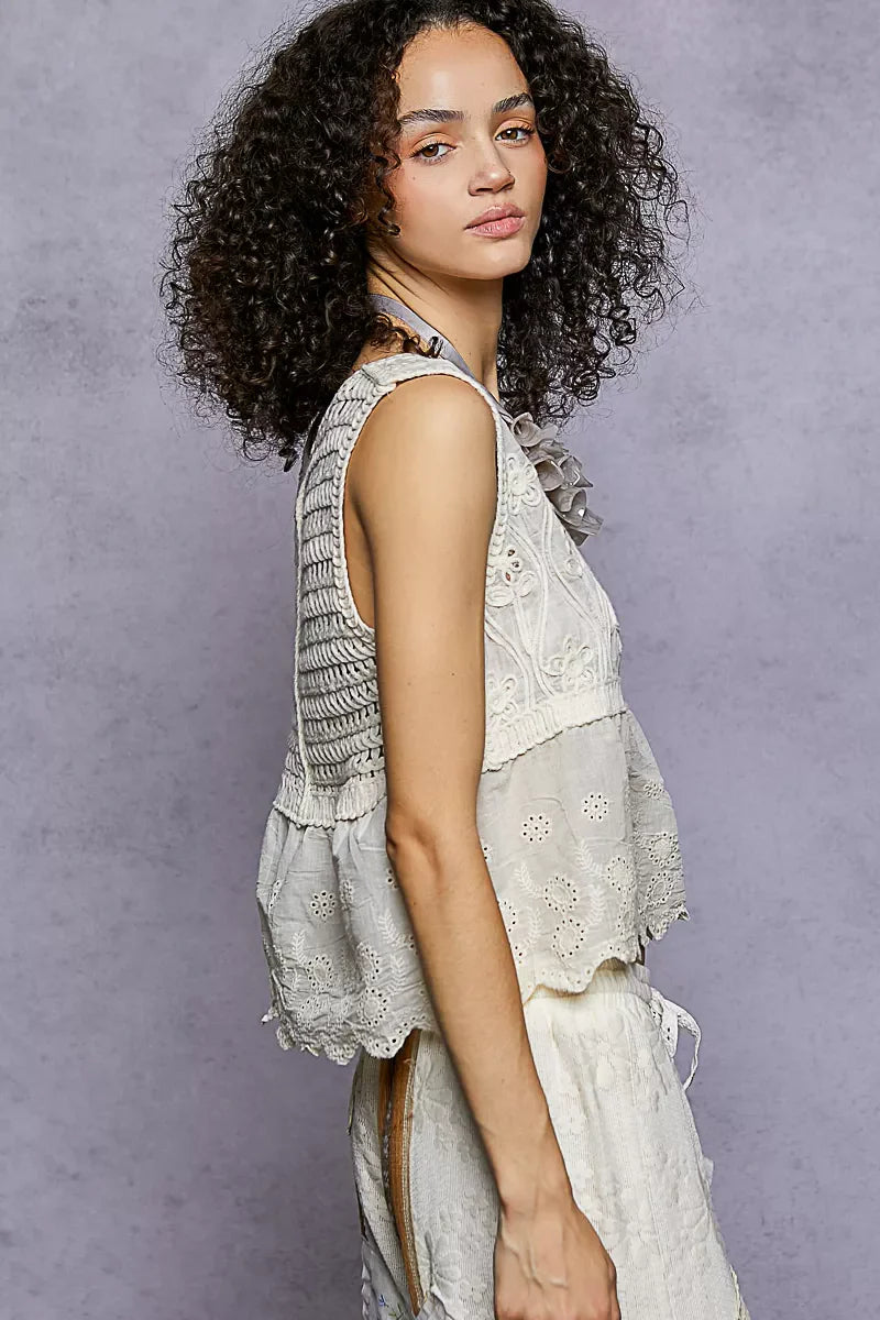 Sleeveless Flowy Fit Crochet Top with Scalloped Border Accents
