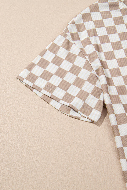 Brown Checkerboard T Shirt and High Waist Skorts 2 Piece Outfit