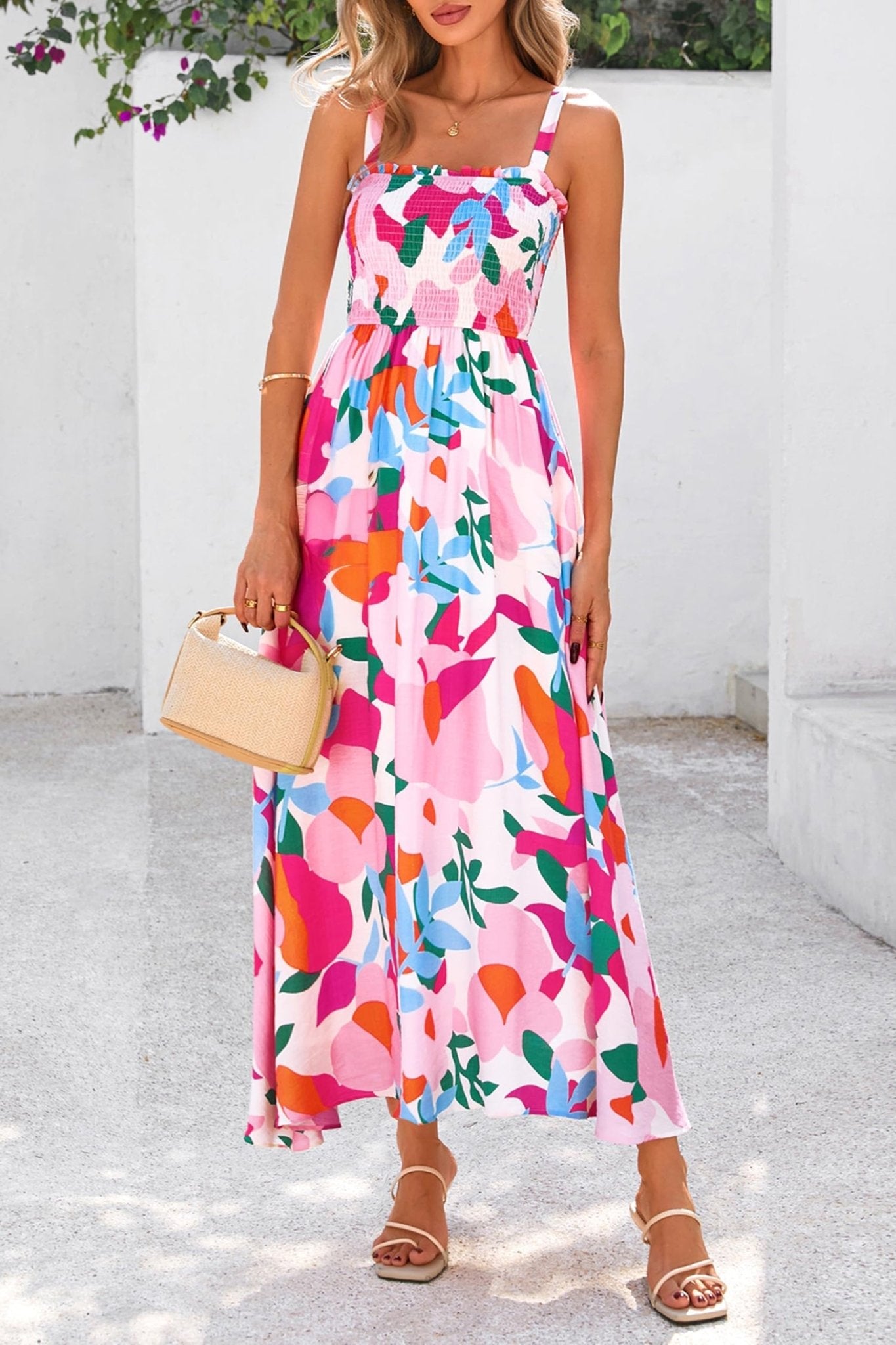 Pink Floral Print Adjustable Straps Smocked High Waist Sundress - Loving It Shop