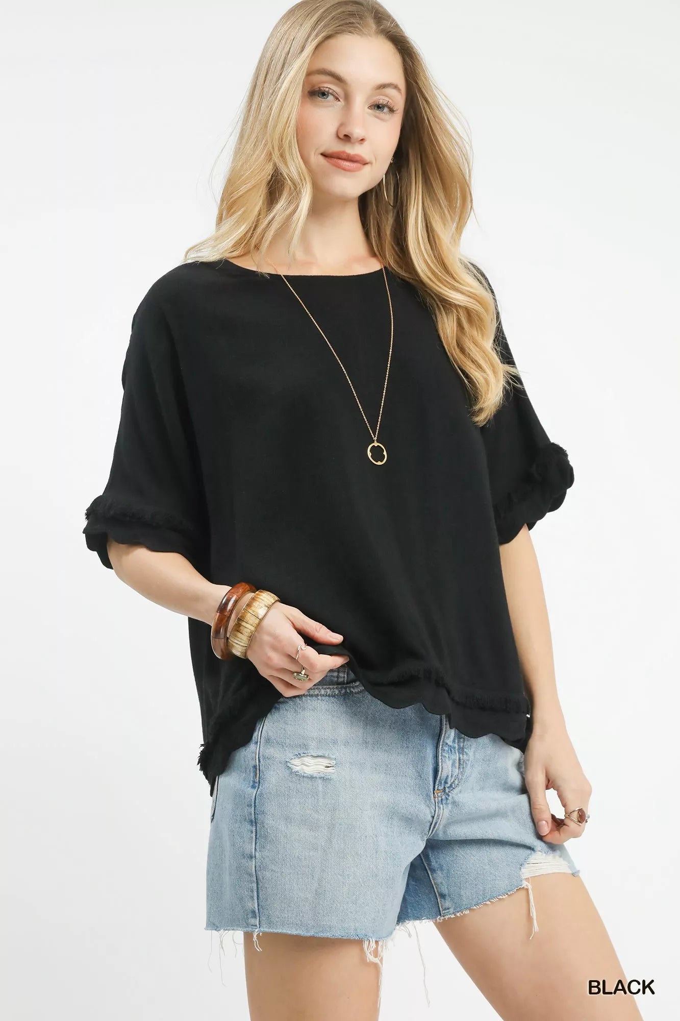 Linen Frayed Hem Scallop Edge Top