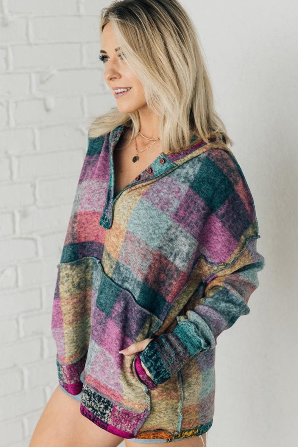 Multicolor Brushed Plaid Buttoned Pullover Oversized Hoodie - Loving It Shop