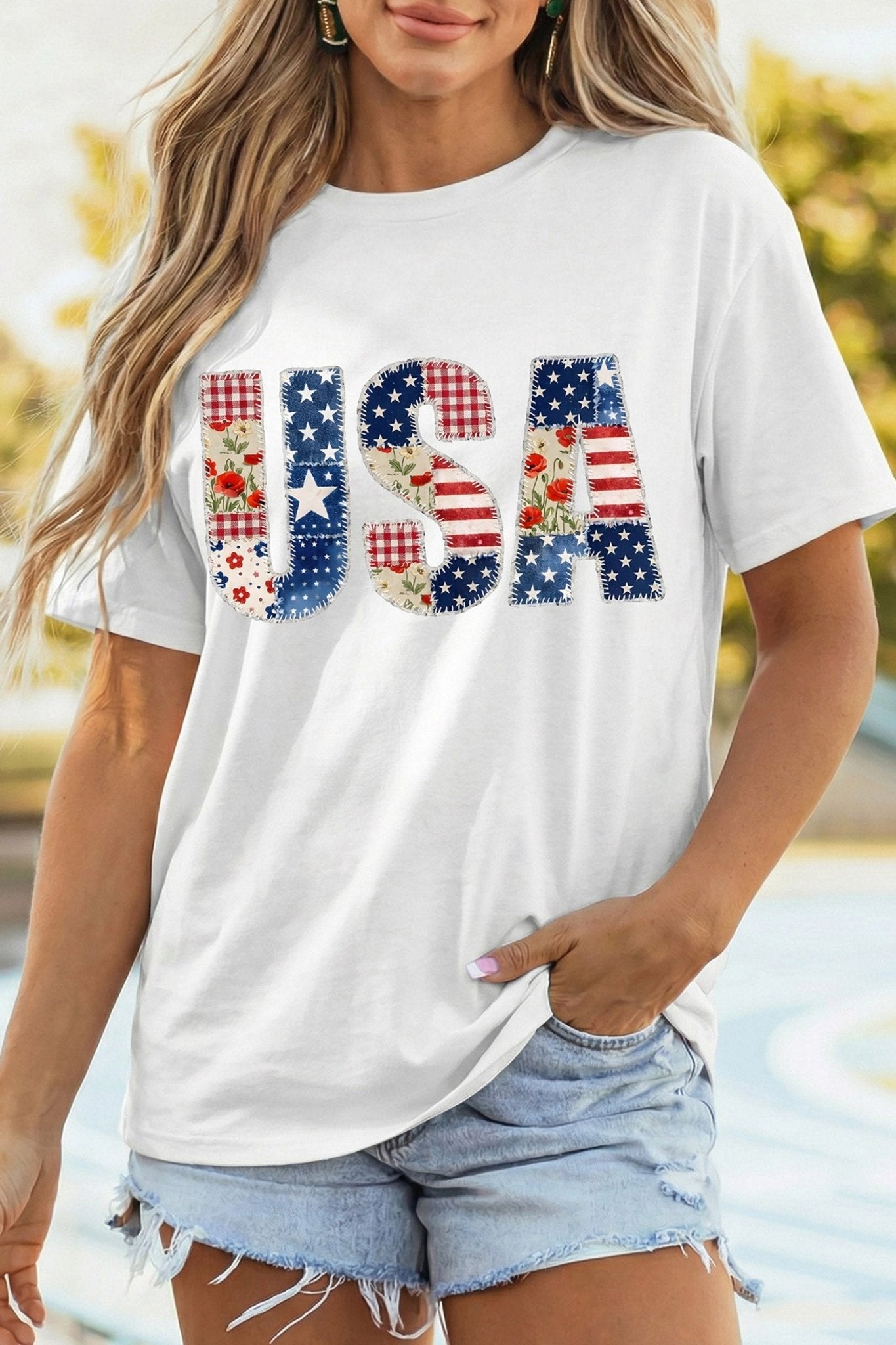 White USA Faux Patchwork Graphic Tee - Loving It Shop