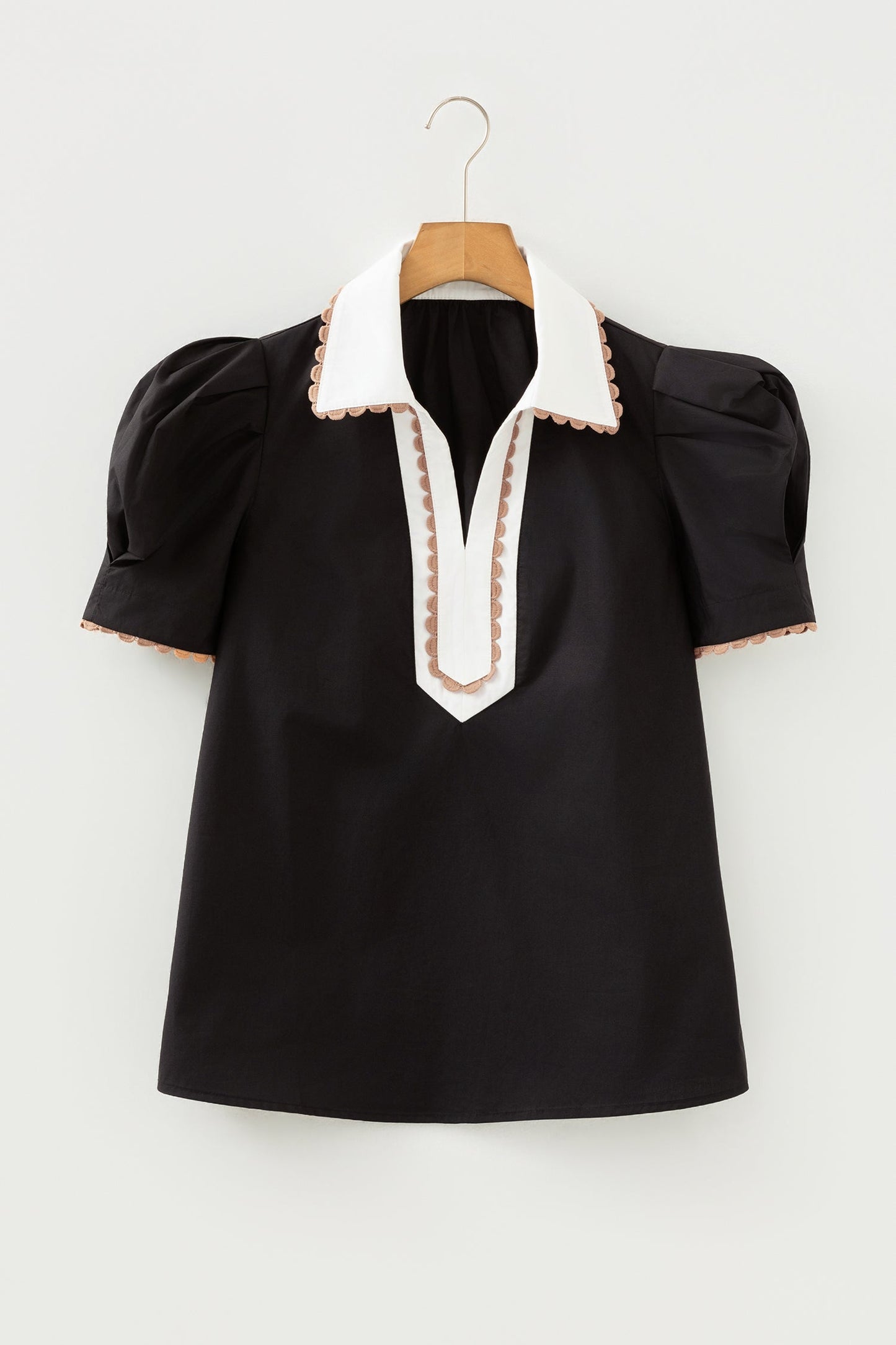Black Ricrac Trim Color Block Patchwork Shirt Collar Short Sleeve Blouse