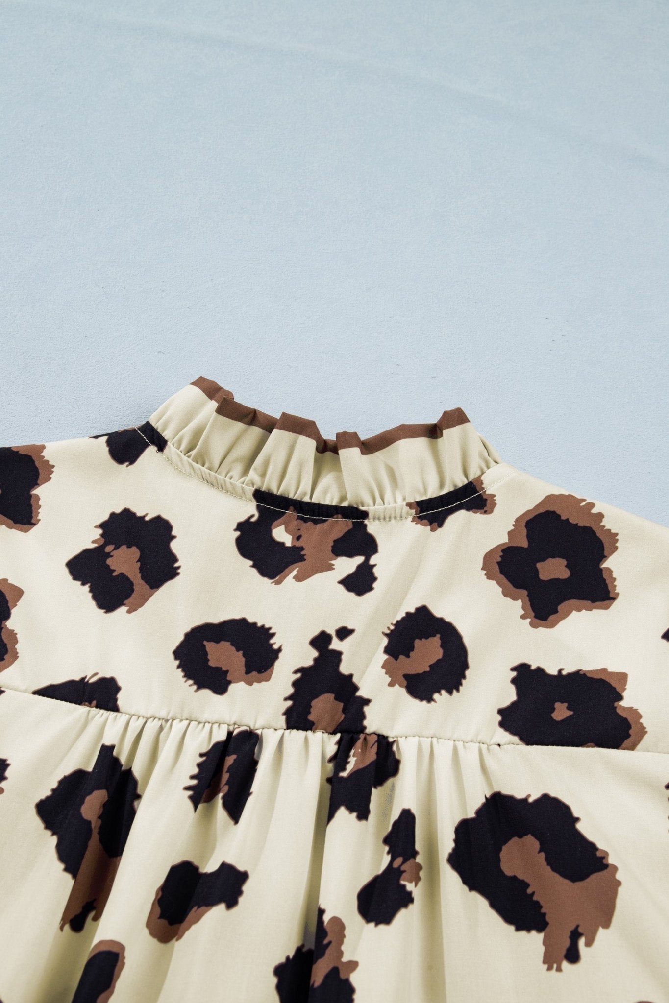 Khaki Plus Size Leopard Print Frilled Color Block Trim Button Down Short Sleeve Blouse - Loving It Shop
