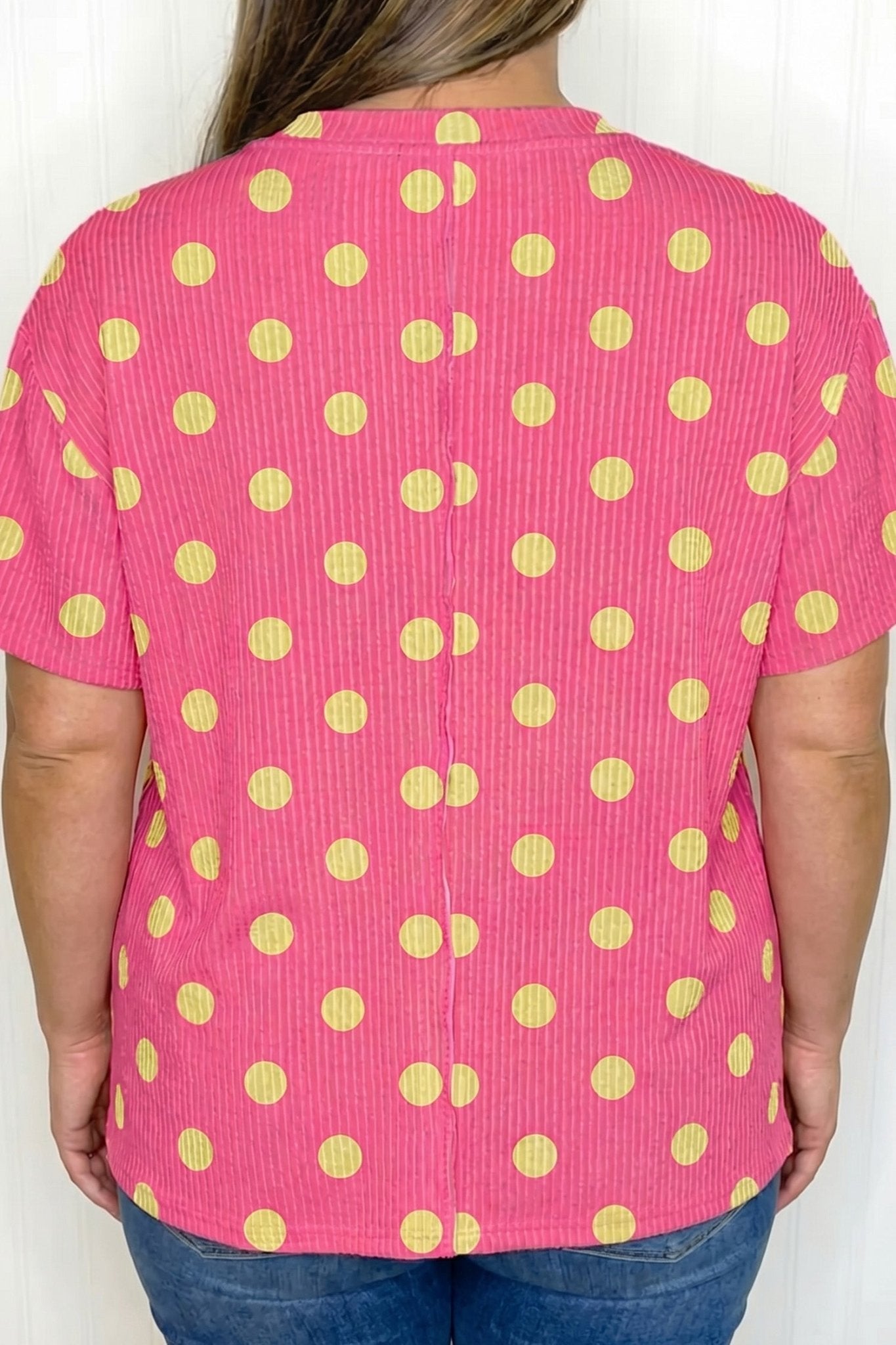 Pink Twisted Rib Polka Dot Print Plus Size T Shirt - Loving It Shop
