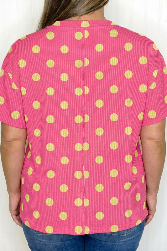 Pink Twisted Rib Polka Dot Print Plus Size T Shirt - Loving It Shop
