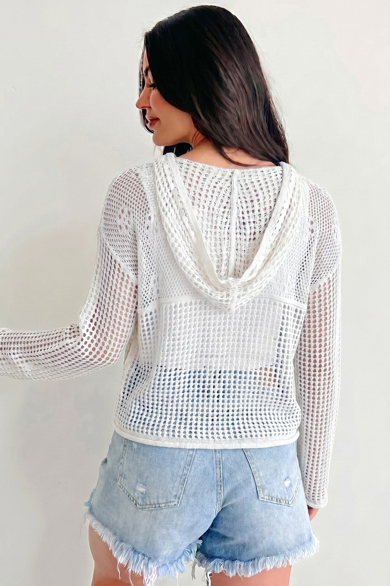 White Hollow Out Crochet Knit American Flag Patched Sweater Hoodie - Loving It Shop