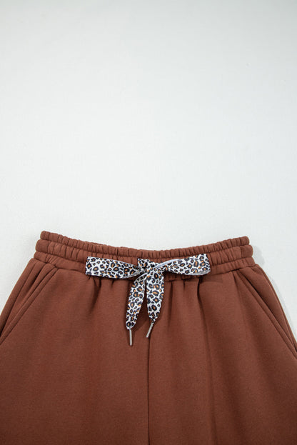 Coffee Fleece Lined Leopard Drawstring Elastic Waist Solid Pants