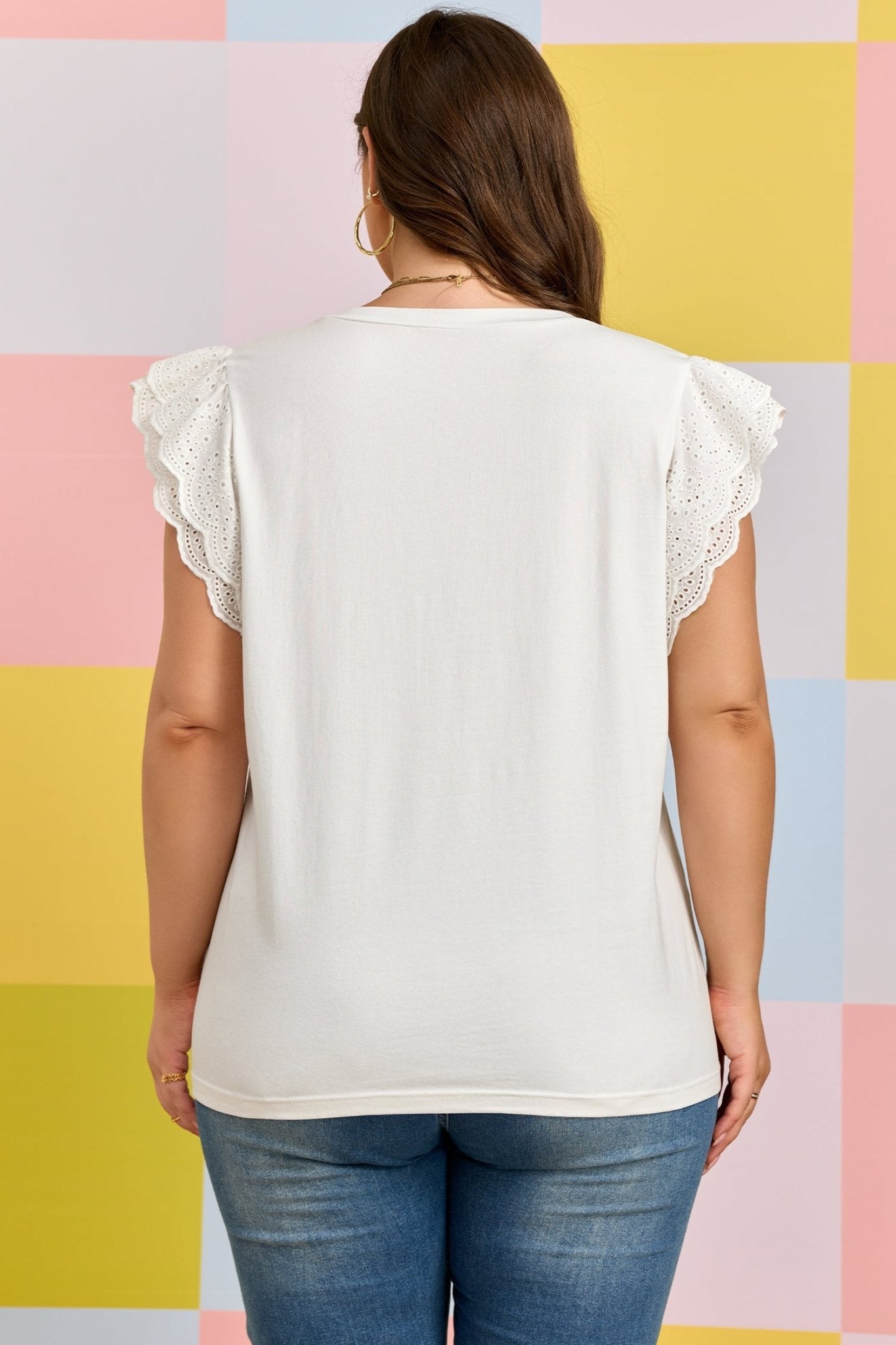 White Eyelet Crochet Splicing Short Sleeve Plus Size Tee - Loving It Shop