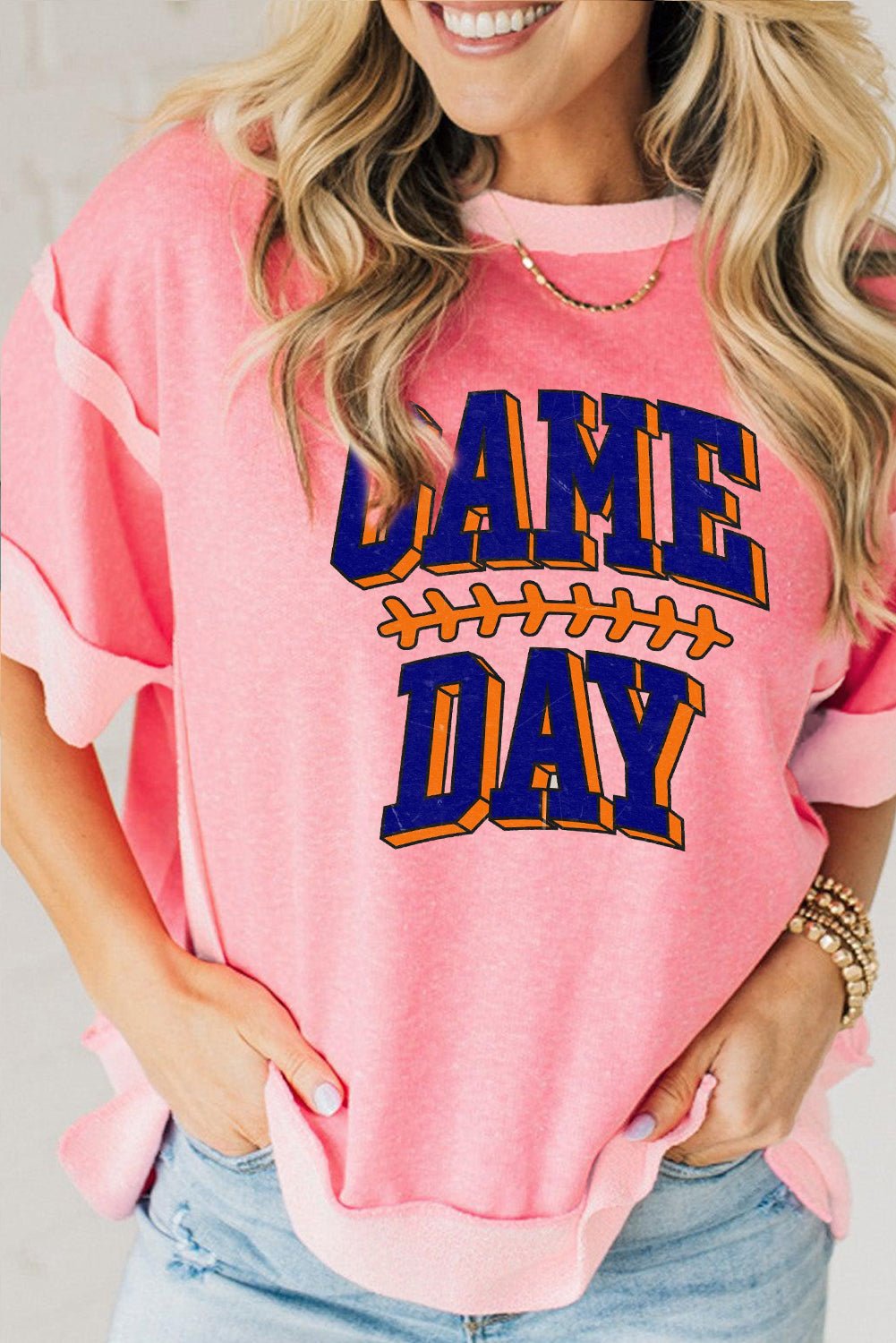 Peach Blossom Raw Seam Patchwork GAME DAY Letter Graphic Loose Tee - Loving It Shop