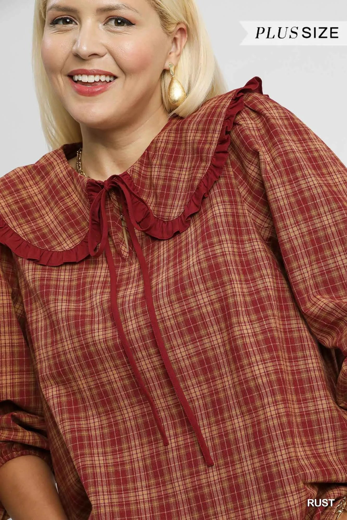 Full Size Plaid Ruffle Collar Blouse Plus Size