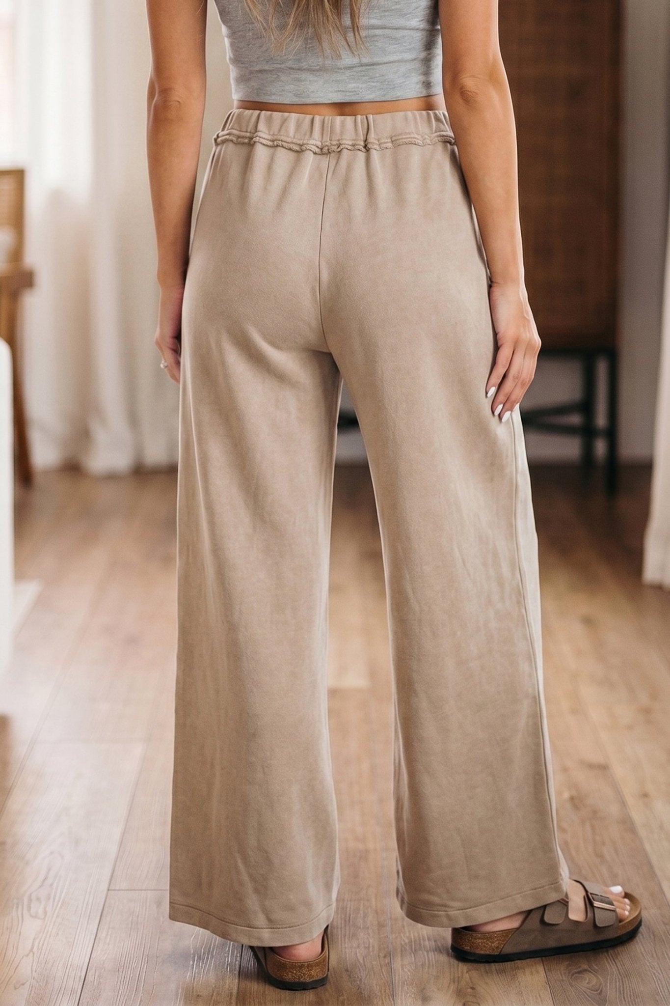 Smoke Gray Mineral Wash Drawstring Retro High Waist Wide Leg Western Pants - Loving It Shop