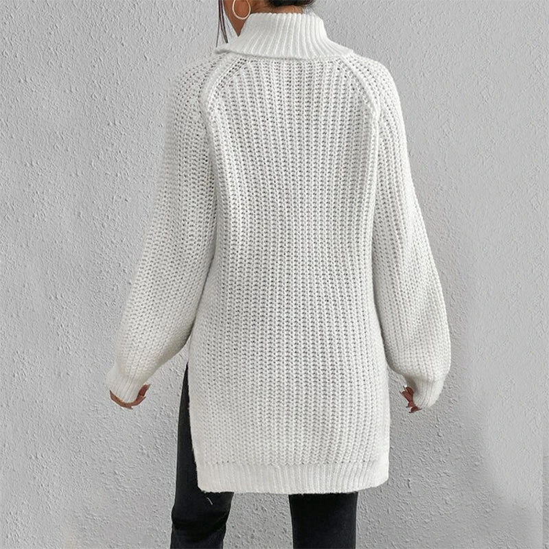 Turtleneck Pullover Sweater With Split Design Fashion Simple Solid Color Long Sleeve Tops Women&