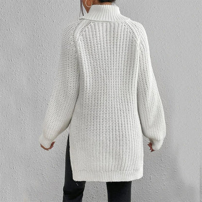 Turtleneck Pullover Sweater With Split Design Fashion Simple Solid Color Long Sleeve Tops Women&