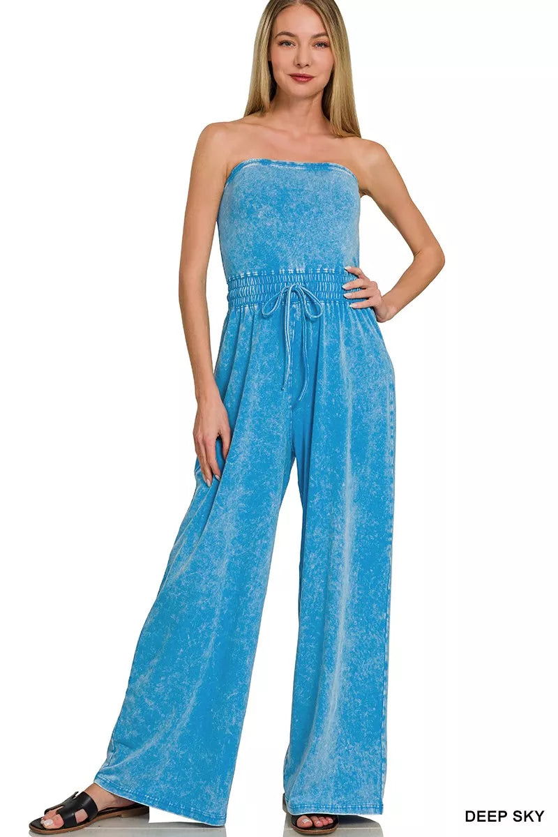 Acid Washed Strapless Tube Top Jumpsuit