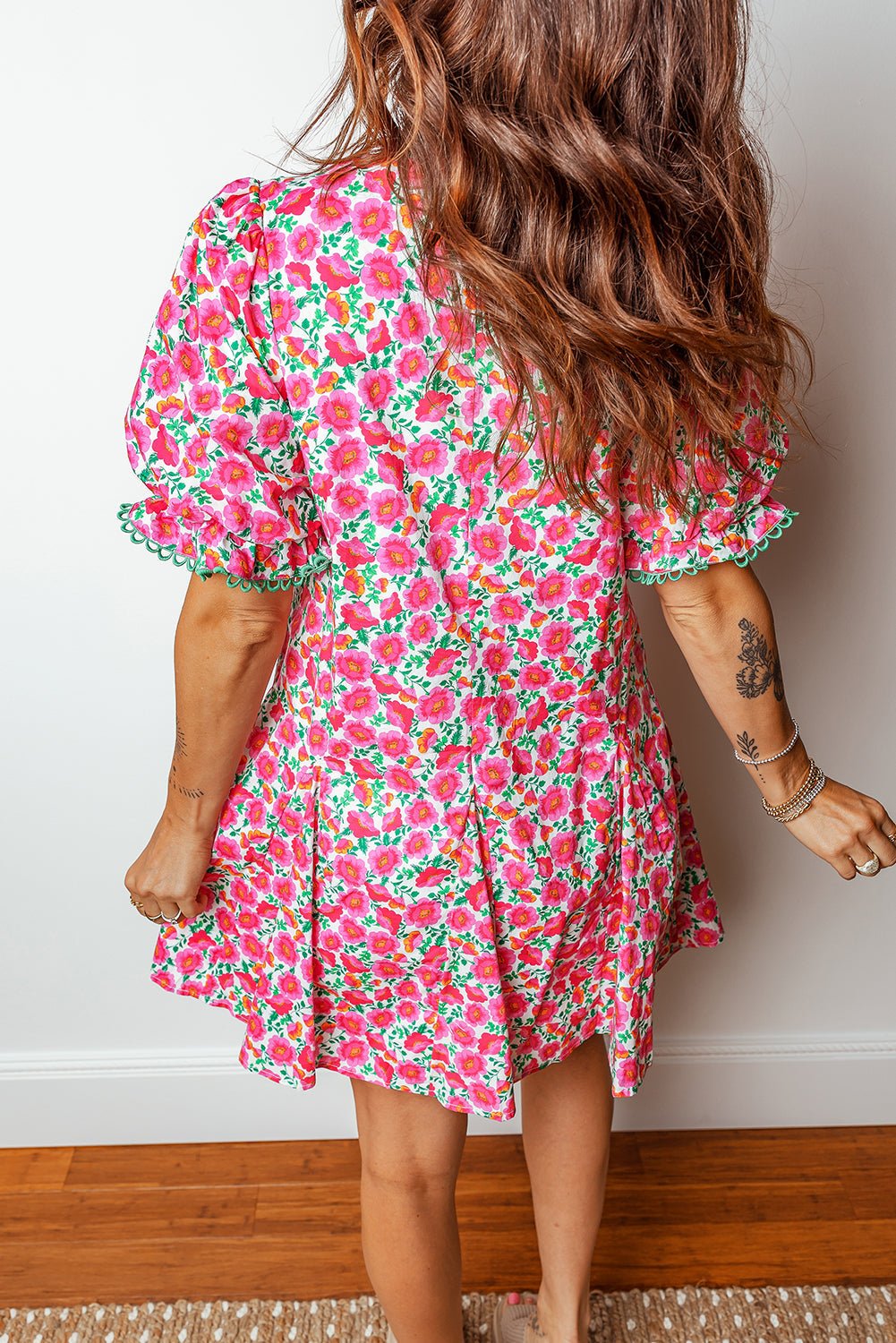 Pink Floral Print V Neck Patchwork Short Bubble Sleeve Mini Dress - Loving It Shop