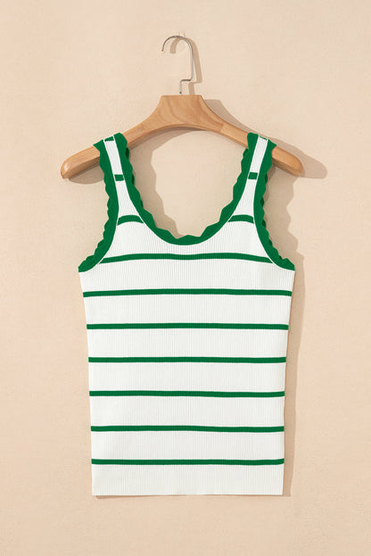 Bright Green Striped Scalloped Edge U Neck Sleeveless Sweater Vest