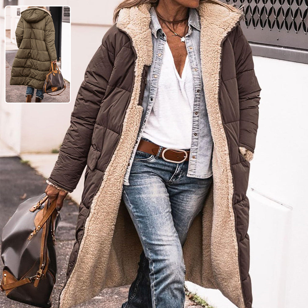 Solid Color Hooded Long Coat Winter Long Sleeve Double-sided Wear Slim Elegant Cardigan Jacket Top Women&