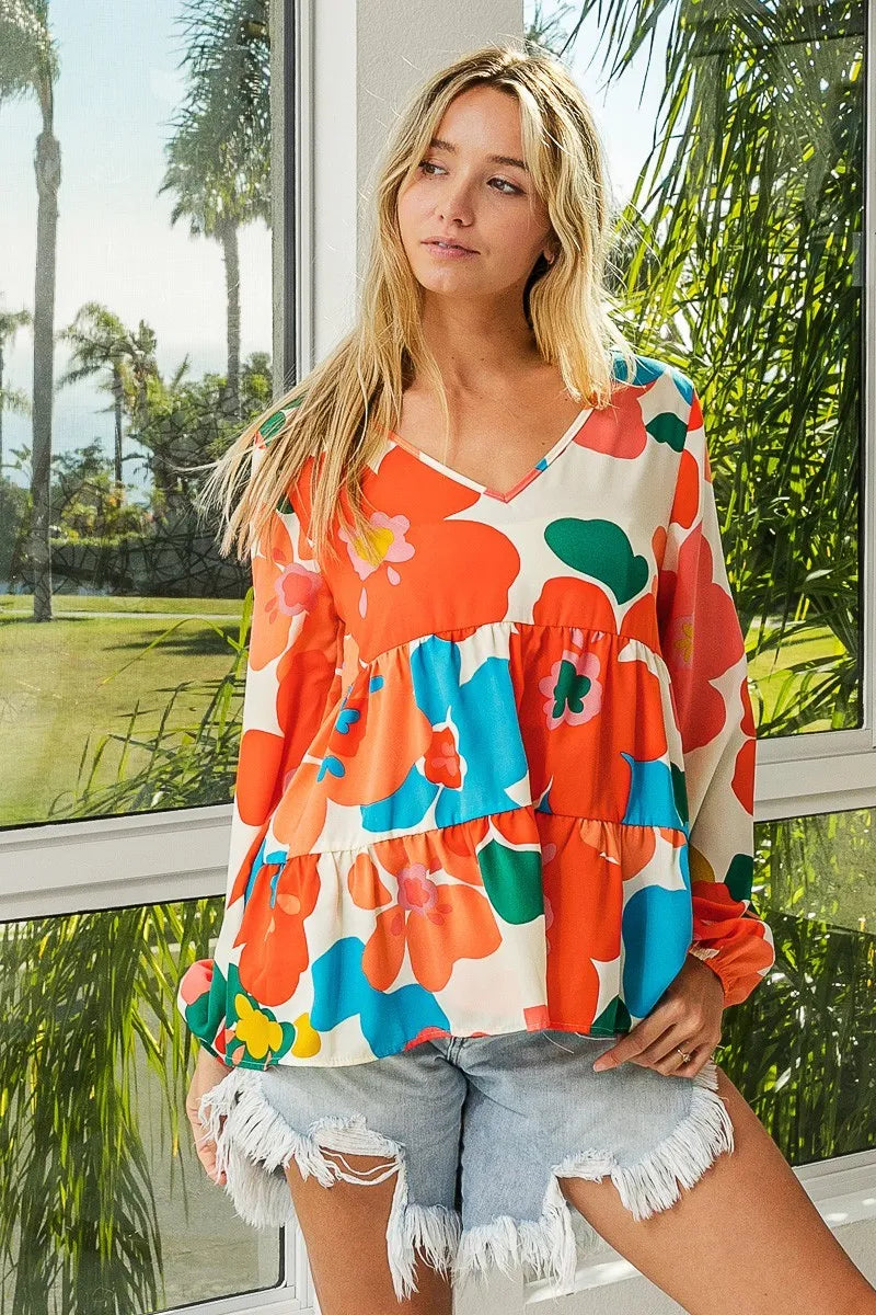 Floral Woven Tiered V Neck Top