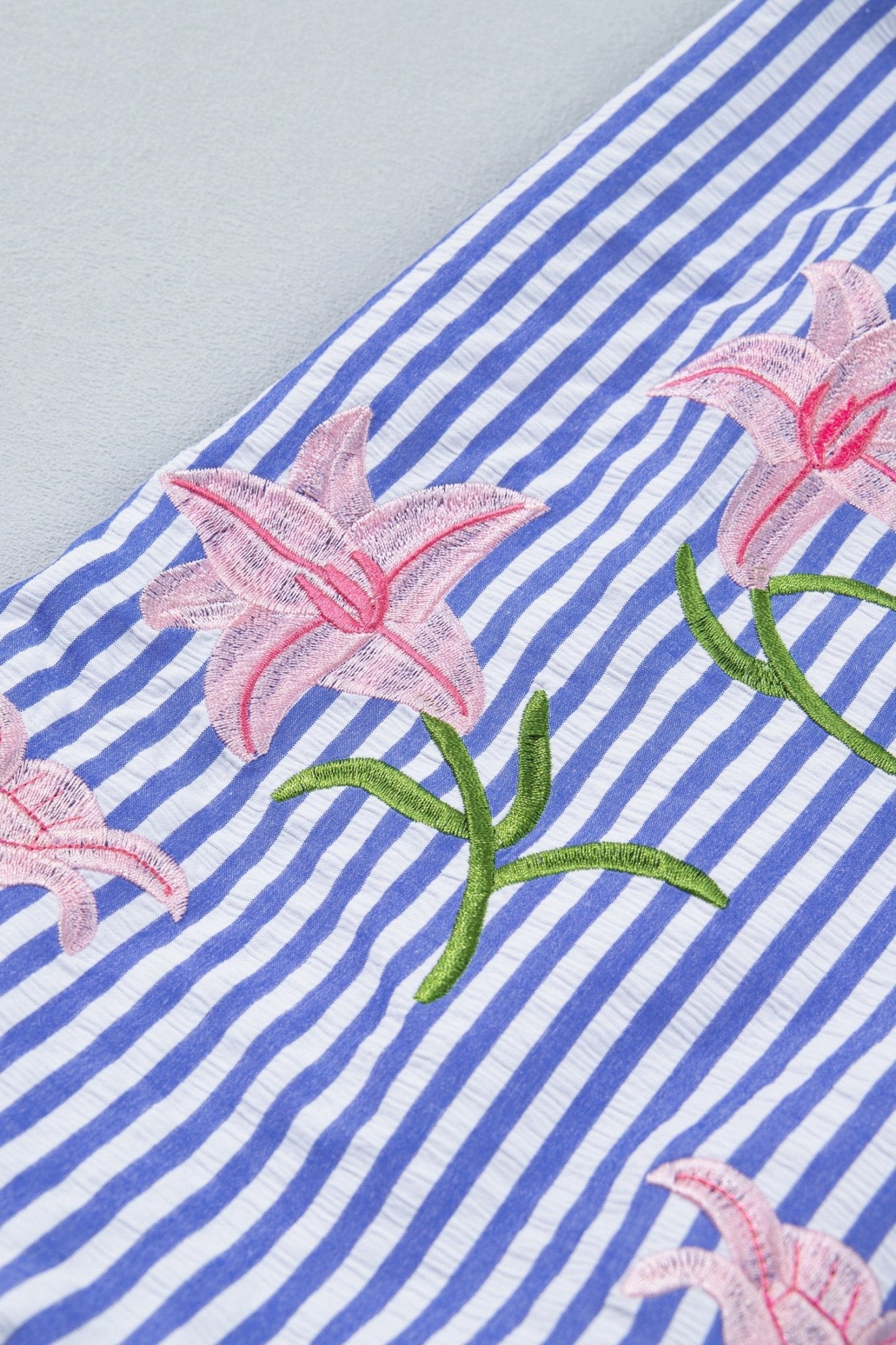 Sky Blue Stripe Lily Floral Embroidered Puff Sleeve Button Down Shirt - Loving It Shop