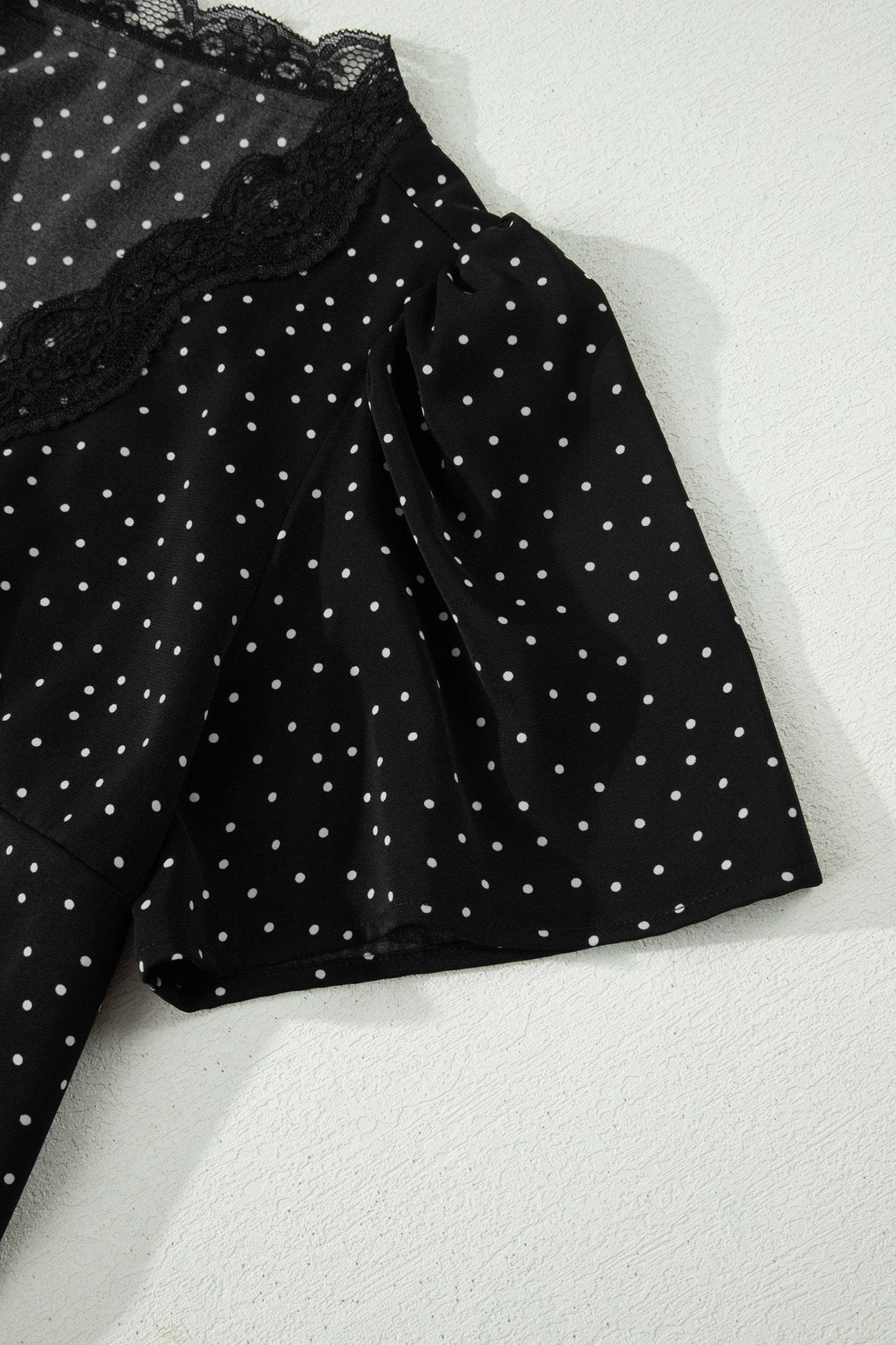 Black Polka Dot Print Lace Trim Wrap Mini Dress - Loving It Shop