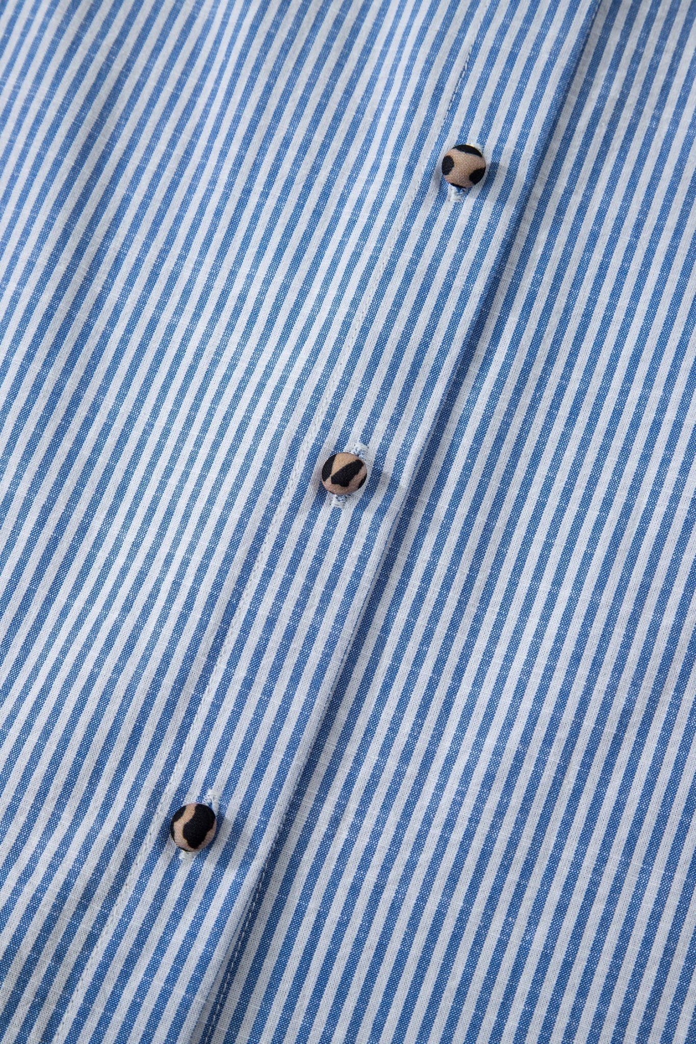 Sky Blue Stripe Contrast Frilled Leopard Trim Casual Long Sleeve Shirt - Loving It Shop