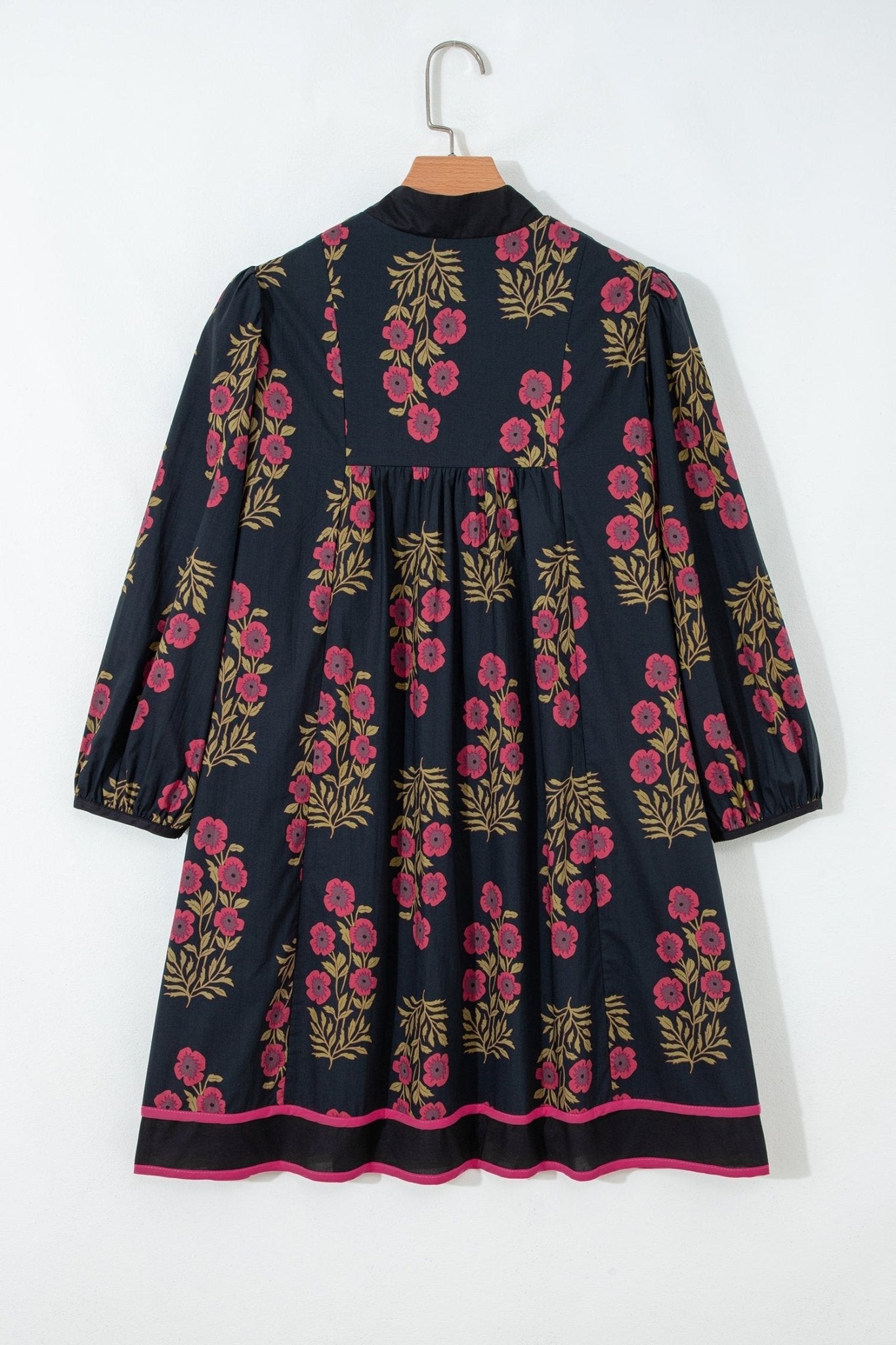 Black Floral Print Notched Neck Piping Trim Bracelet Sleeve Babydoll Dress - Loving It Shop