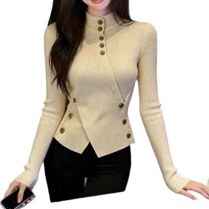 Autumn And Winter Retro Apricot Semi-high Neck Knitted Sweater Women&