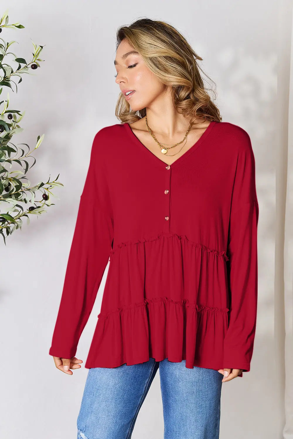 I am a Fashion Junky Take Half Button Long Sleeve Ruffle Hem Blouse