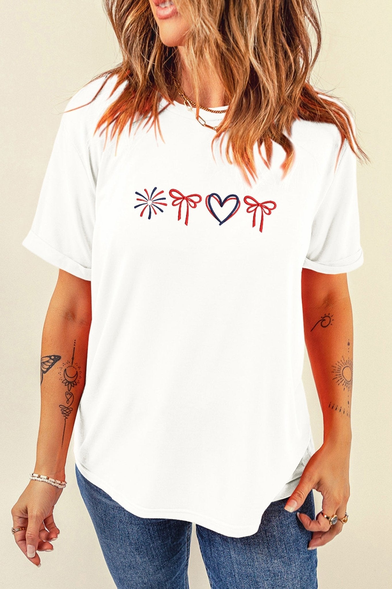 White Love July 4th Firework Bow Embroidered T Shirt - Loving It Shop