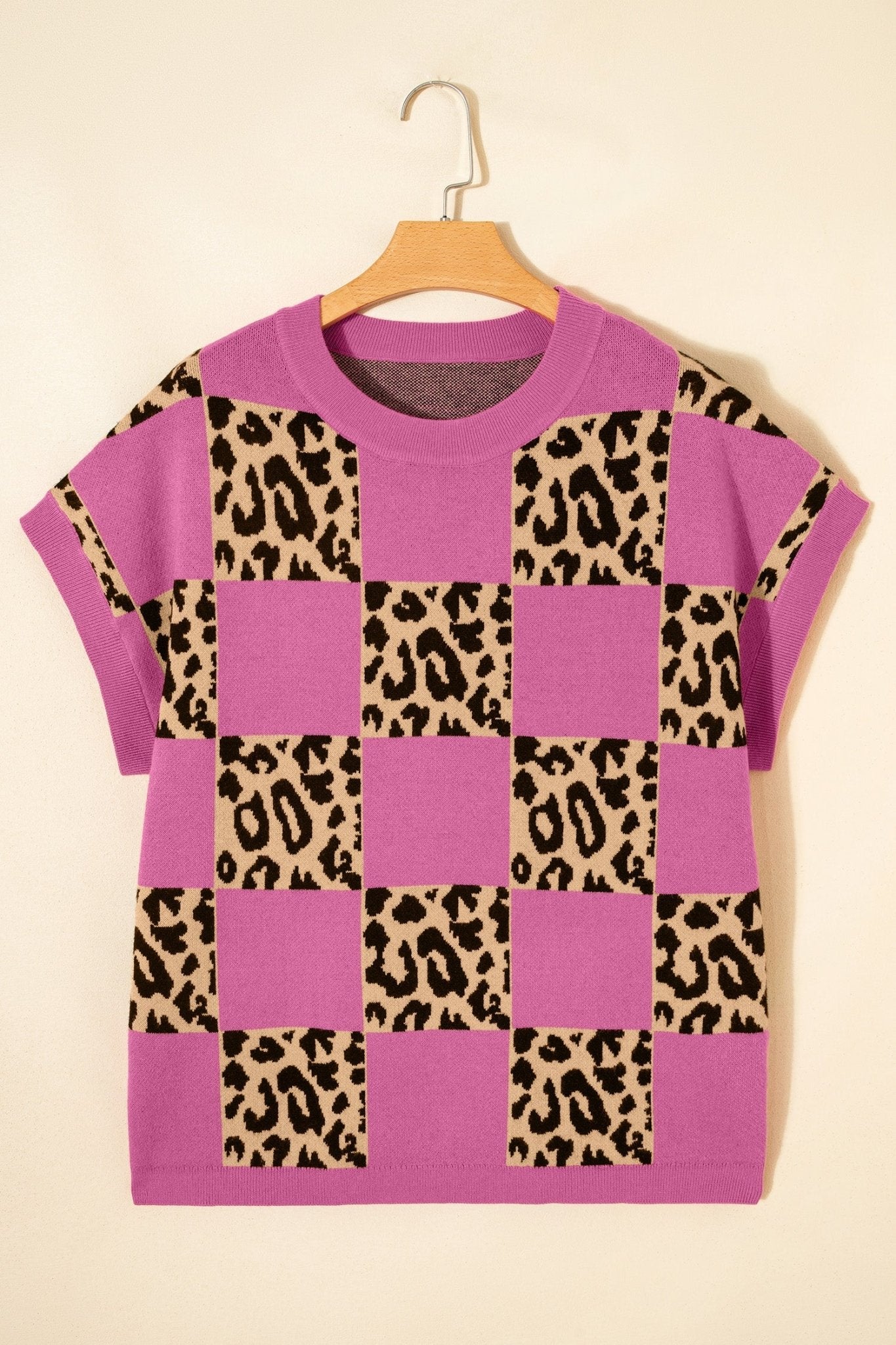 Rose Red Leopard Checkerboard Short Sleeve Knit Sweater - Loving It Shop