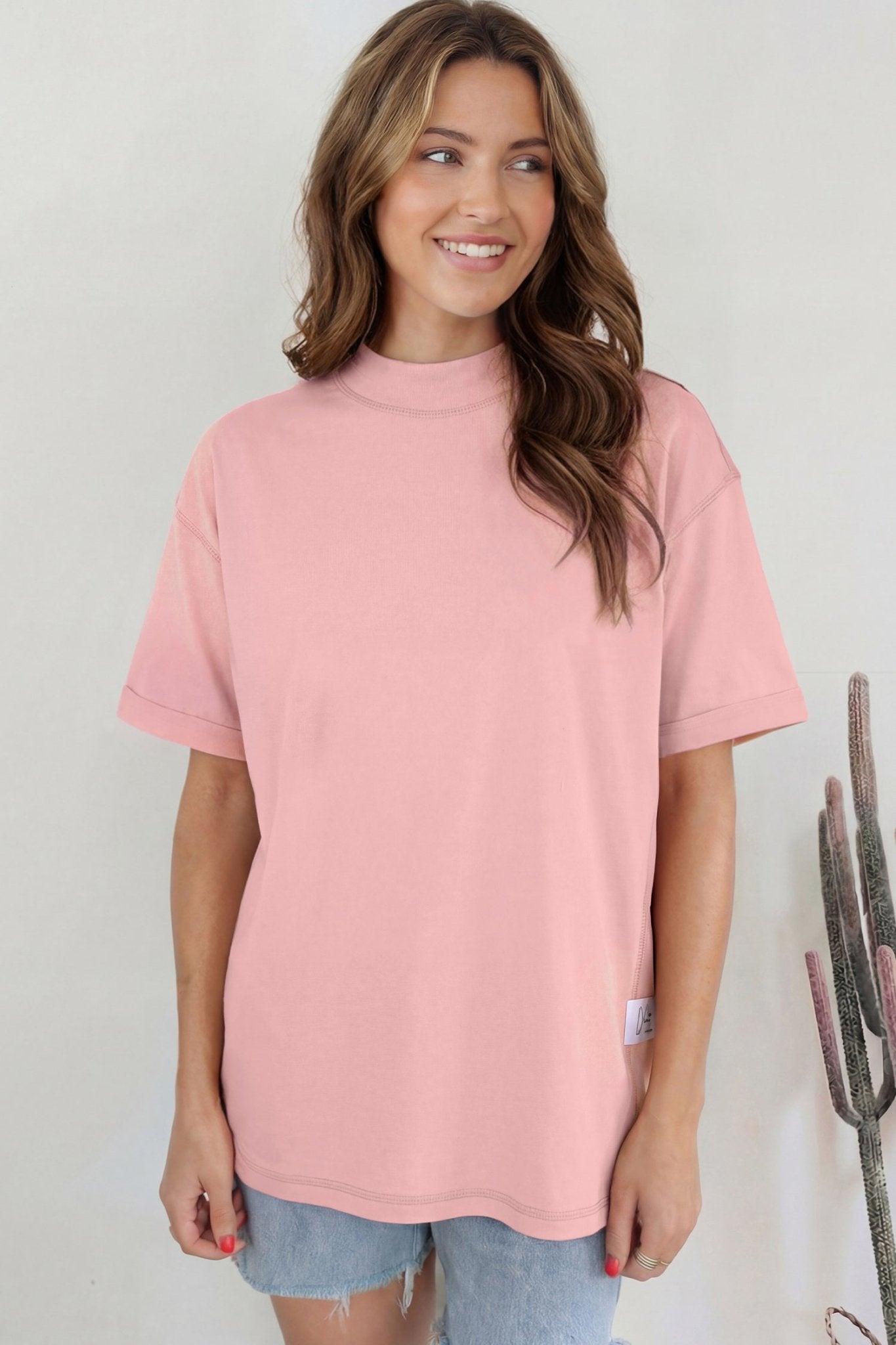 Pink Solid Color High Neck Oversize Tee - Loving It Shop