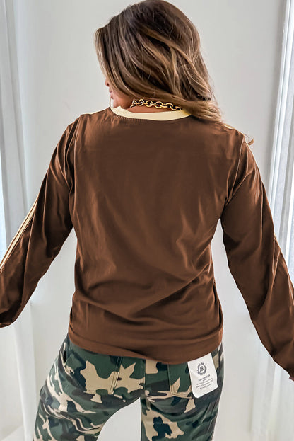 Dark Brown Varsity Striped Accent Contrast Crew Neck Long Sleeve T Shirt